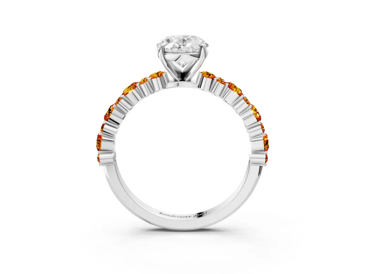 Oval Cut Diamond Side Stone Solitaire Ring with Round Citrine and Four-Prong Setting White gold