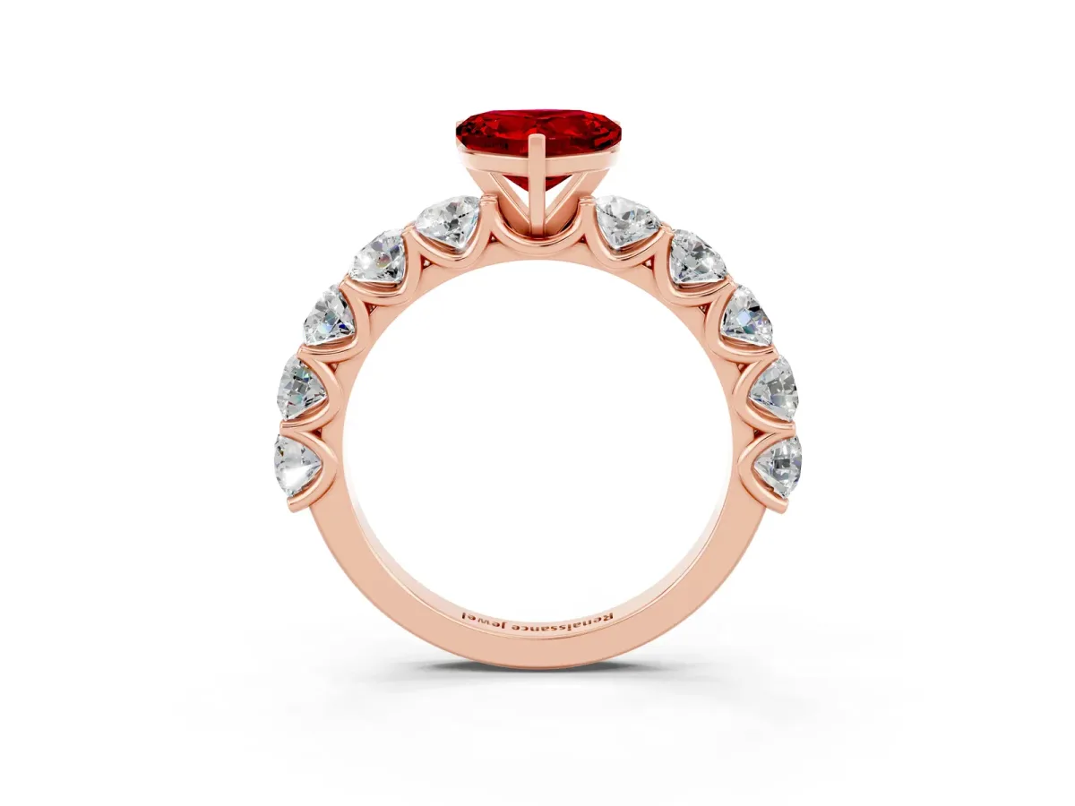 Heart Cut Ruby Prong Setting with Side Stones on a Pave Band Rose gold