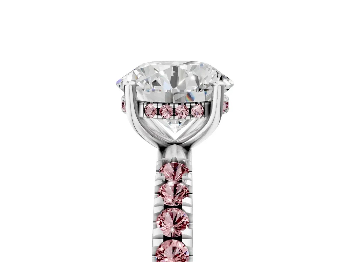 Round Cut Diamond Pave Band Solitaire Ring with Round Morganite and Prong Setting Silver