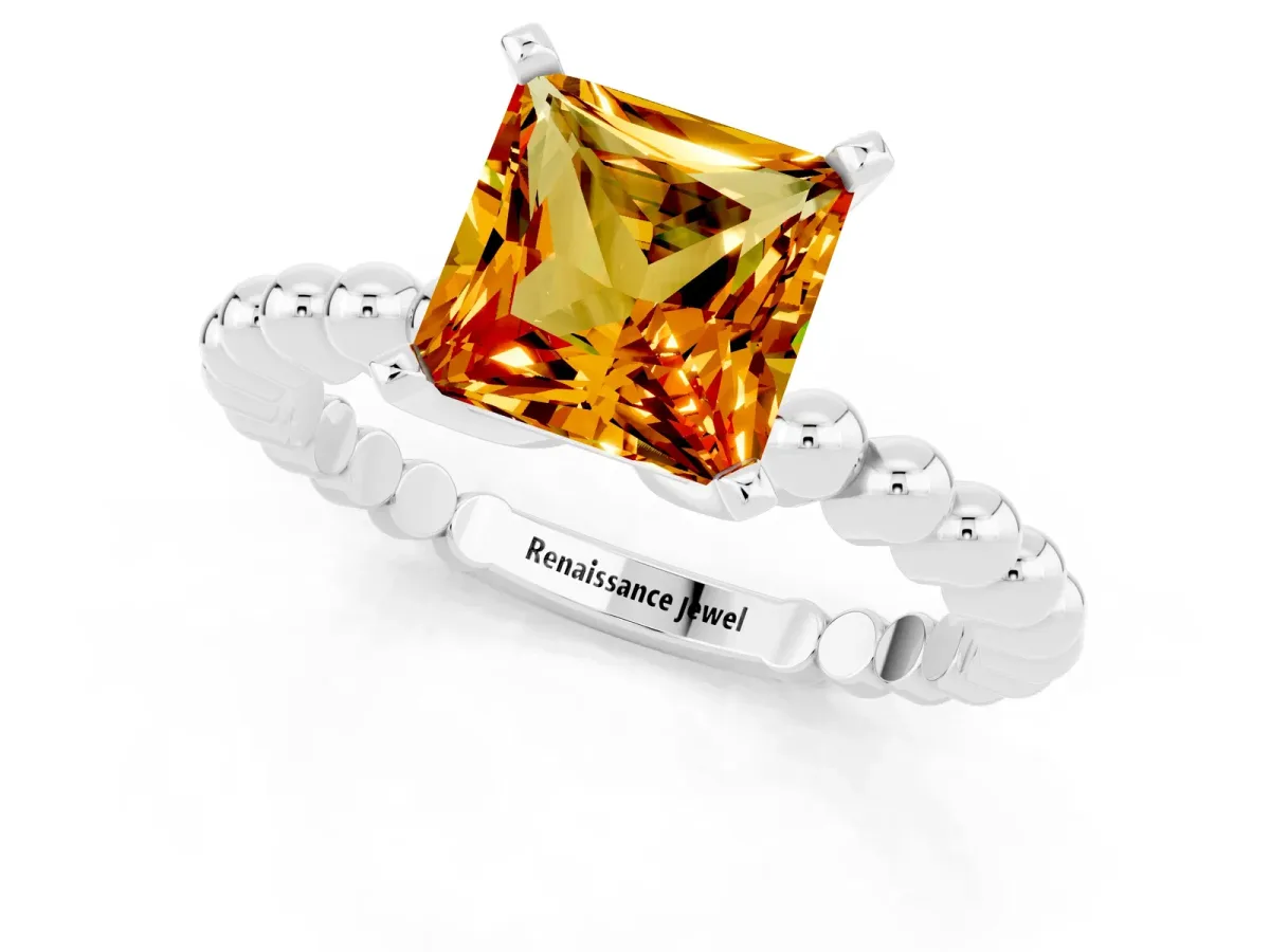Princess Cut Citrine Solitaire Ring with Beaded Band and Prong Setting Silver