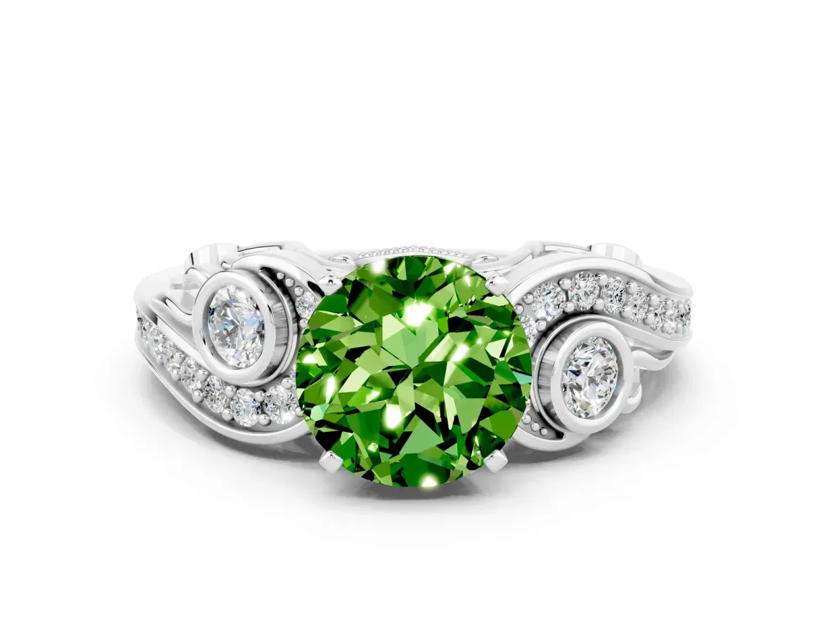 Round Cut Peridot Solitaire Ring with Milgrain Pavé Band and Four-Prong Setting Silver