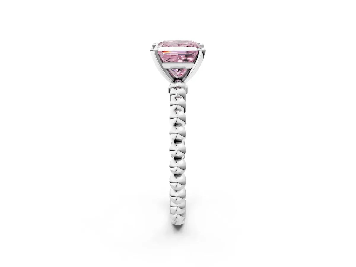 Fancy Pink Princess Cut Diamond Solitaire Ring with Beaded Band and Prong Setting Silver