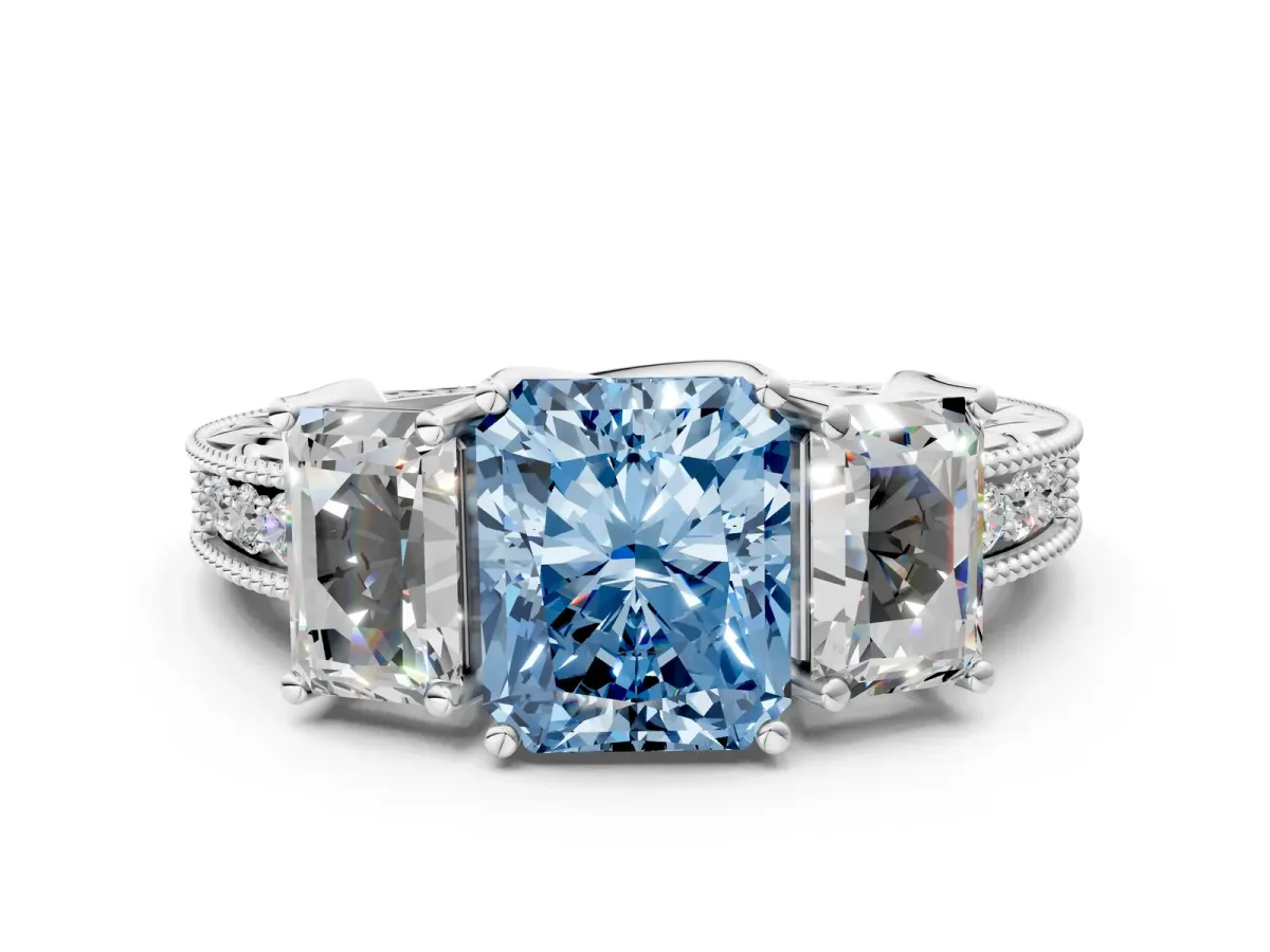 Fancy Blue Three-Stone Radiant Cut Cut Milgrain Pavé Engagement Ring Platinum