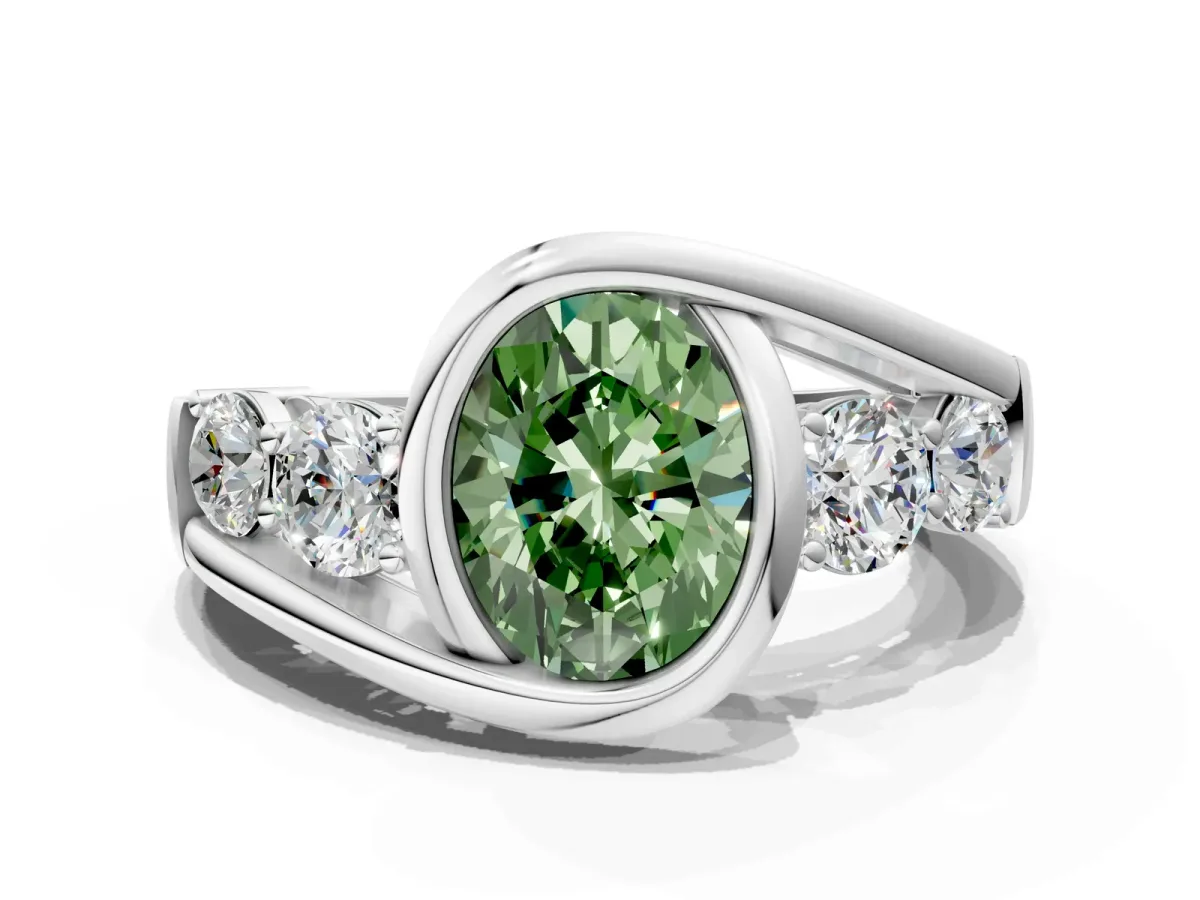 Fancy Green Bezel Set Oval Cut Diamond Bypass Ring with Round Accents Silver