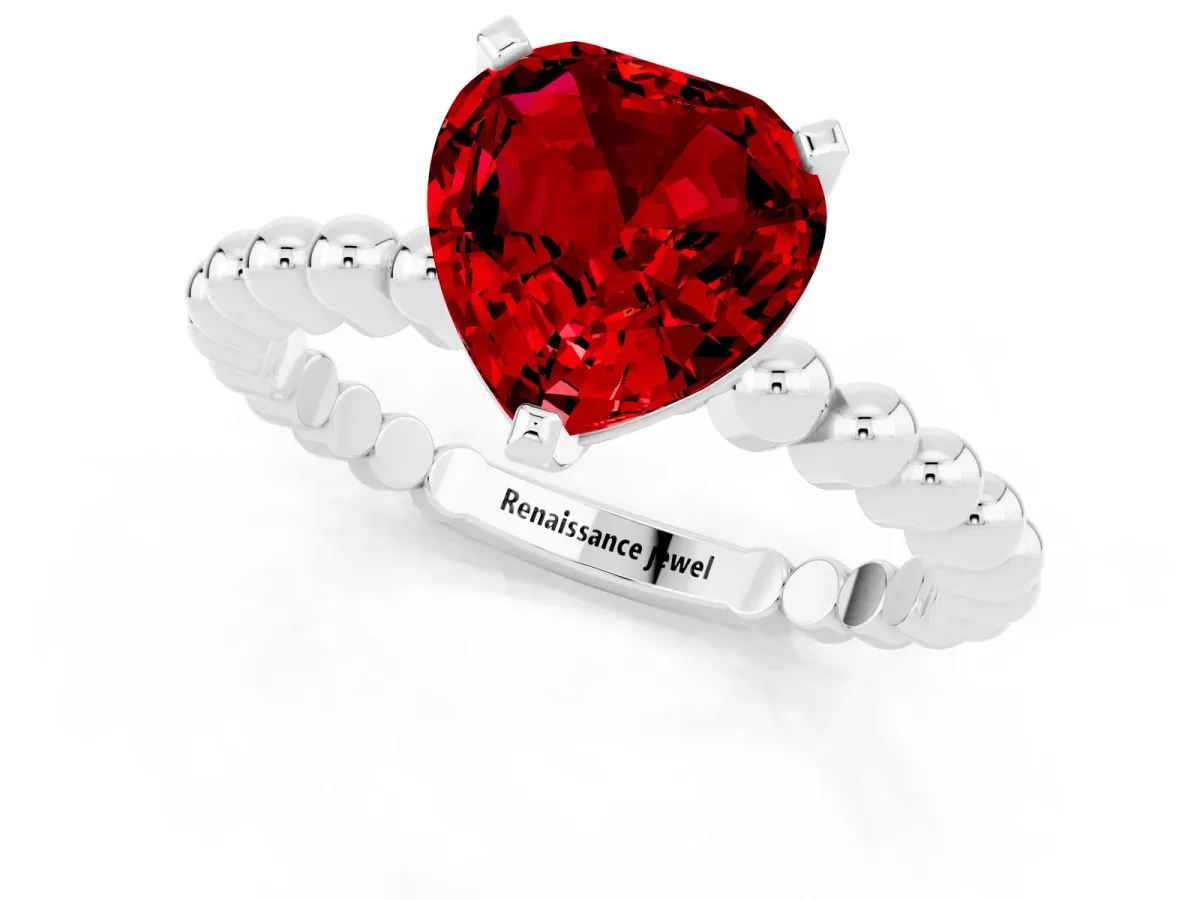 Heart Cut Ruby Solitaire Ring with Beaded Band and Prong Setting Platinum