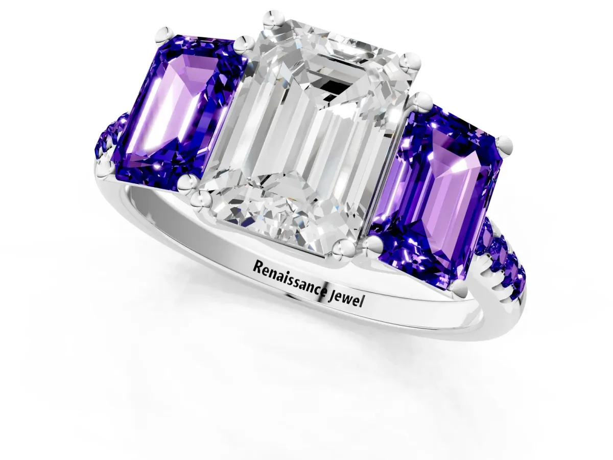 Three-Stone Emerald Cut Diamond Ring with Round Tanzanite Pavé Band and Prong Setting Silver