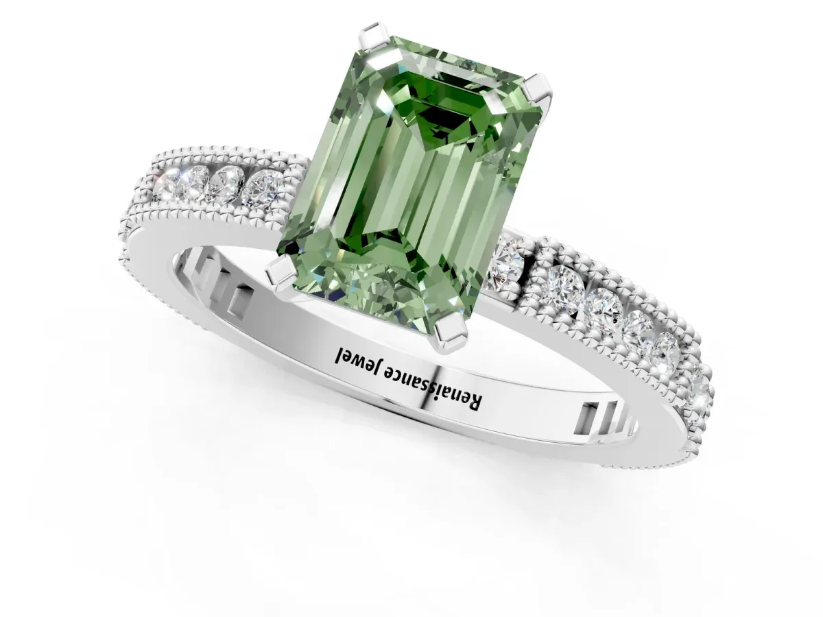 Fancy Green Emerald Cut Solitaire with Pavé Band and Four-Prong Setting Silver