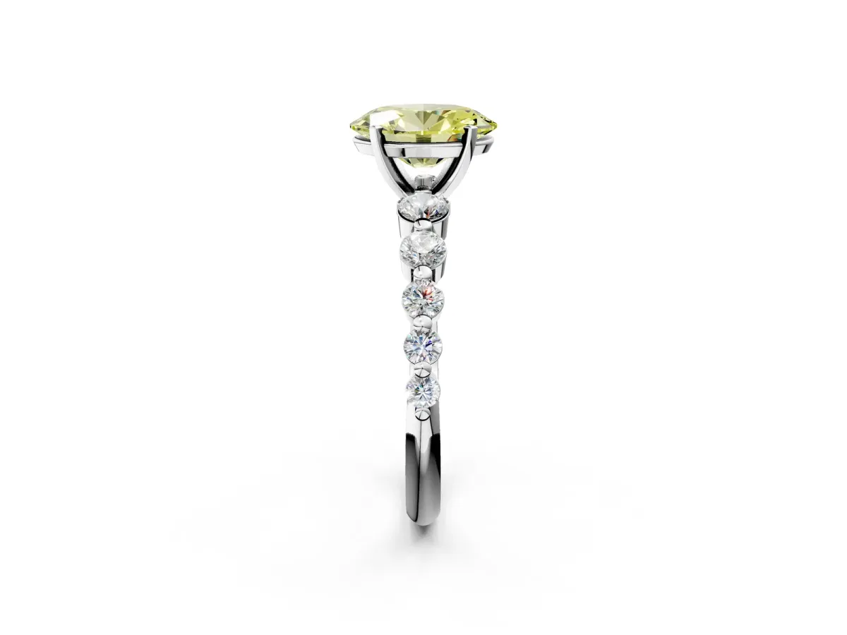 Fancy Yellow Oval Cut Solitaire Diamond Ring with Pave Band and Four-Prong Setting Platinum