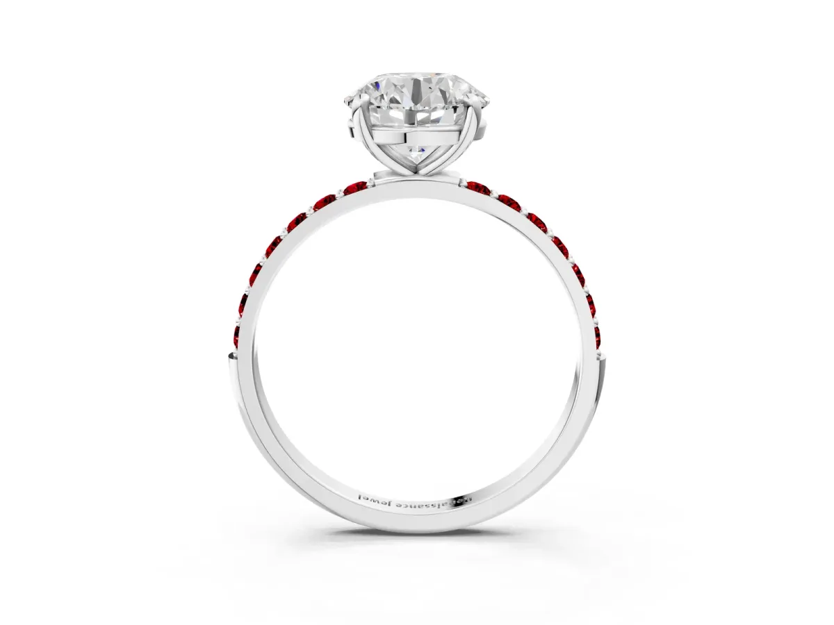 Round Cut Diamond Solitaire Ring with Round Ruby Pavé Band and Prong Setting Silver