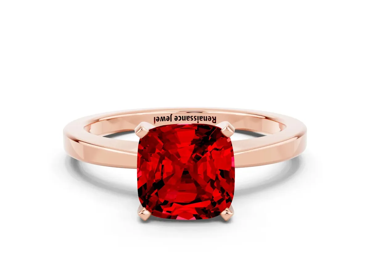 Cushion Cut Ruby Solitaire Engagement Ring with Classic Band and Four-Prong Setting Rose gold