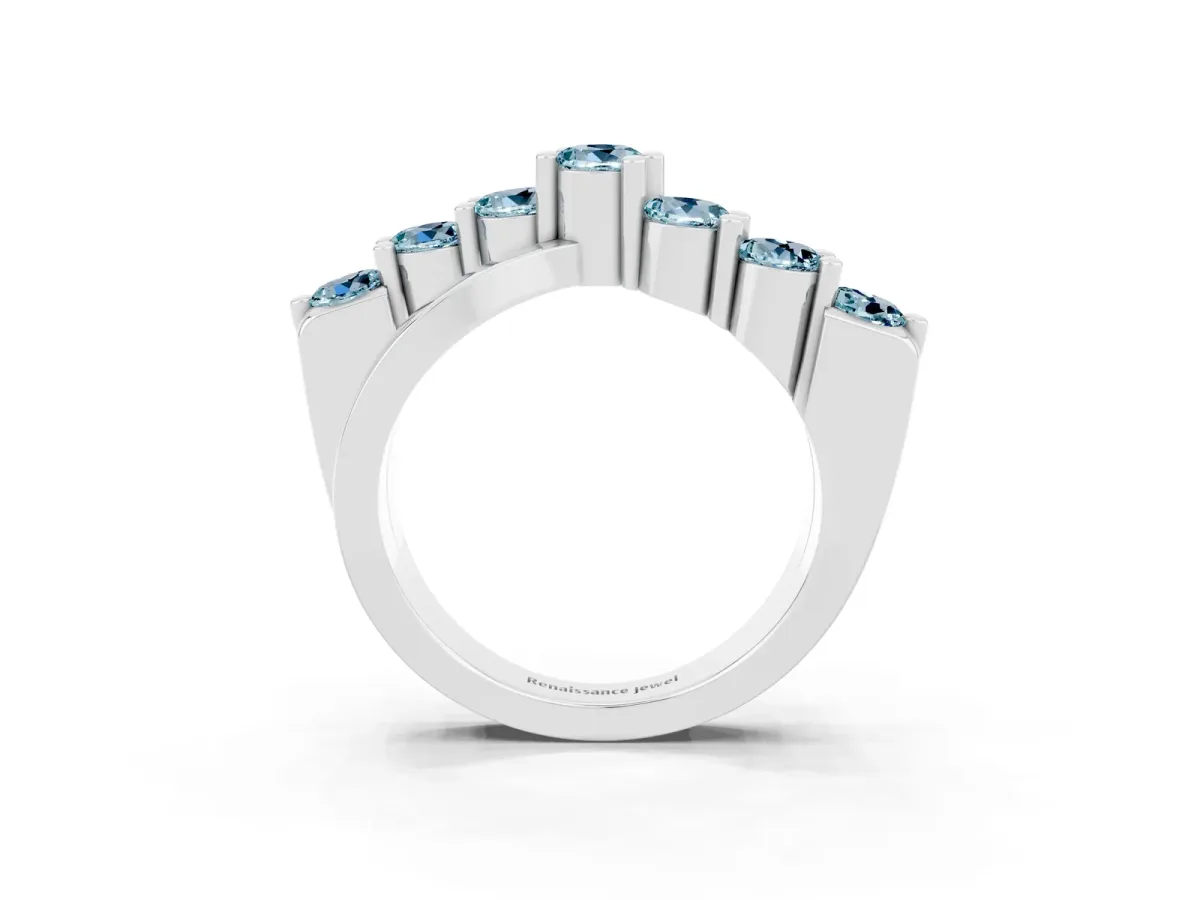 Round Aquamarine Prong-Set Crossover Band Silver