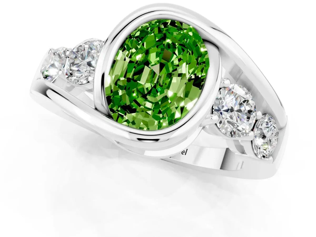 Bezel Set Oval Cut Peridot Bypass Ring with Round Accents Platinum