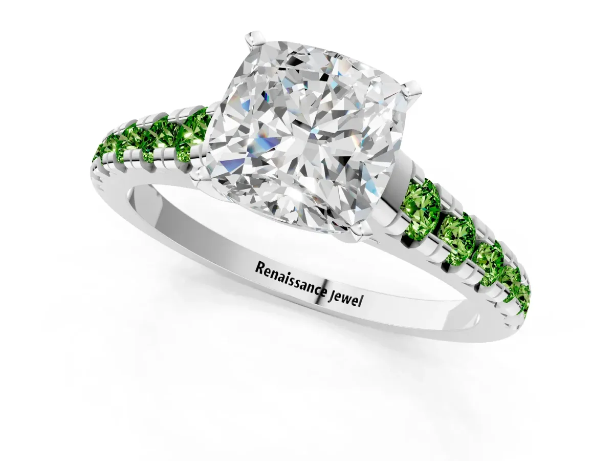 Cushion Cut Diamond Cathedral Solitaire Ring with Round Peridot Pavé Band Silver