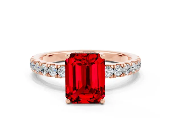 Emerald Cut Ruby Pave Band Solitaire Ring with Round and Prong Setting Rose gold