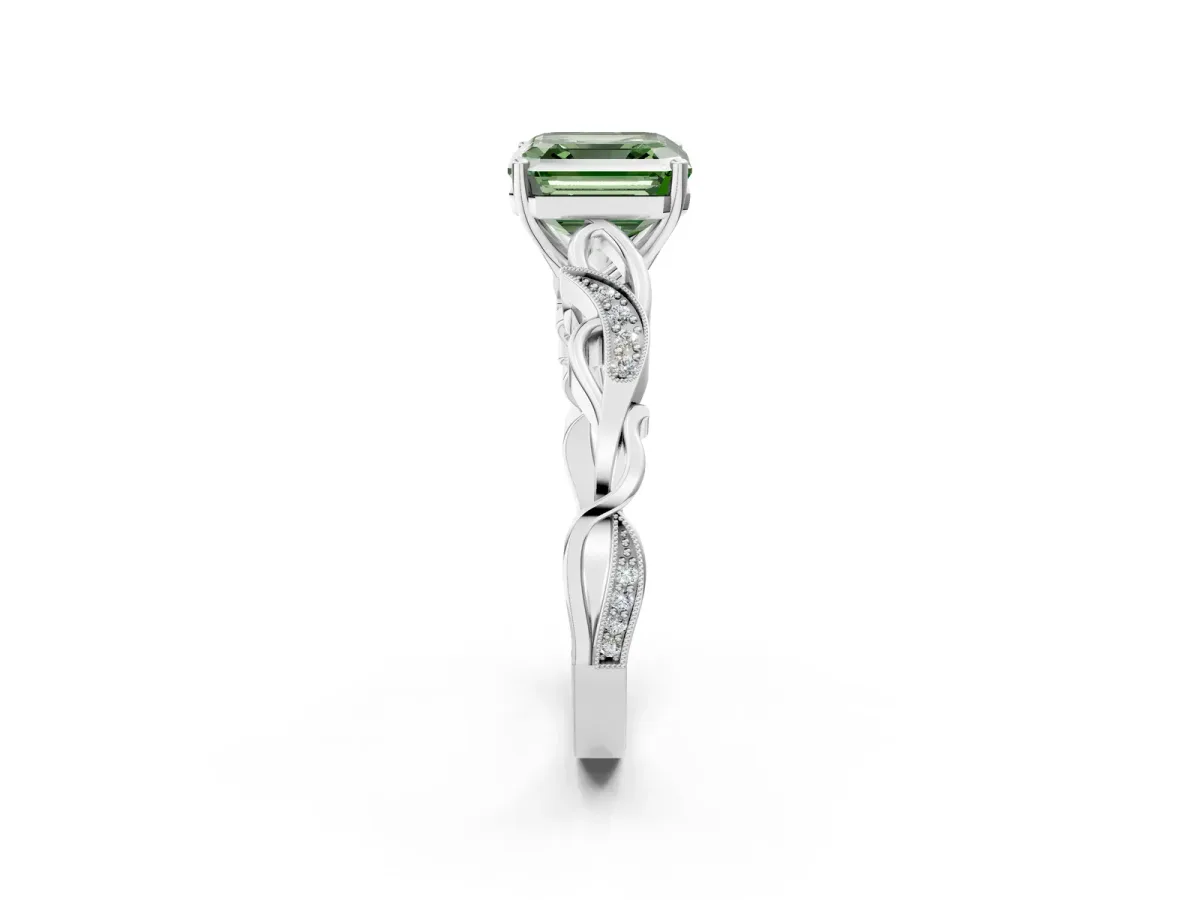 Fancy Green Asscher Cut Solitaire Vine Band with Milgrain Prong Setting Platinum