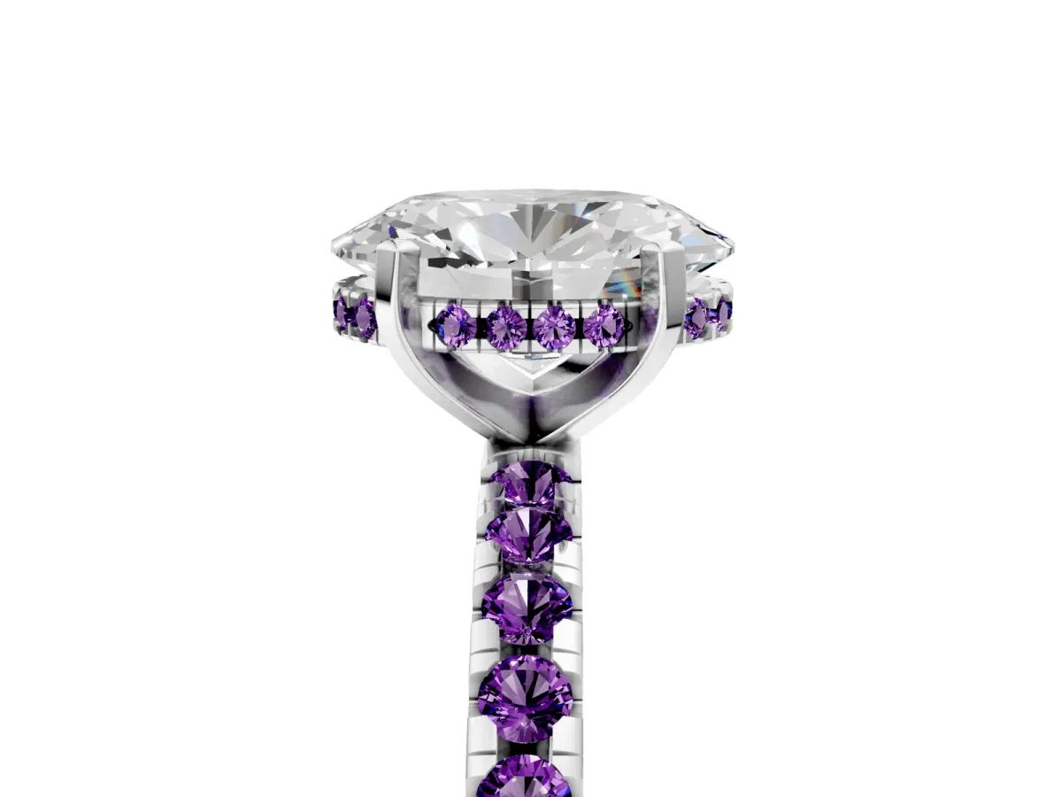 Oval Cut Diamond Solitaire Ring with Round Amethyst Pavé Band and Four-Prong Setting Silver