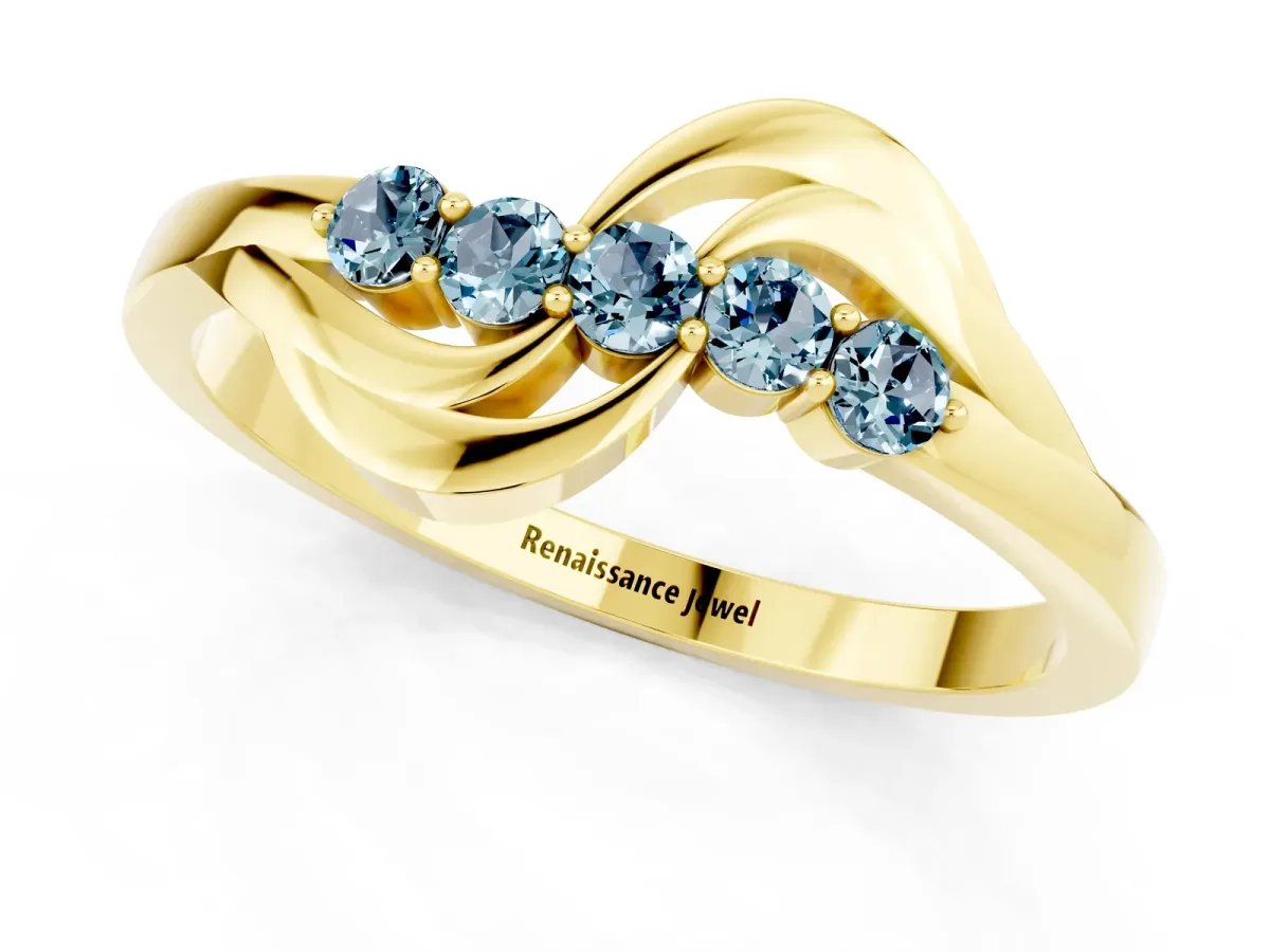 Five-Stone Round Aquamarine Crossover Band with Prong Setting Yellow gold