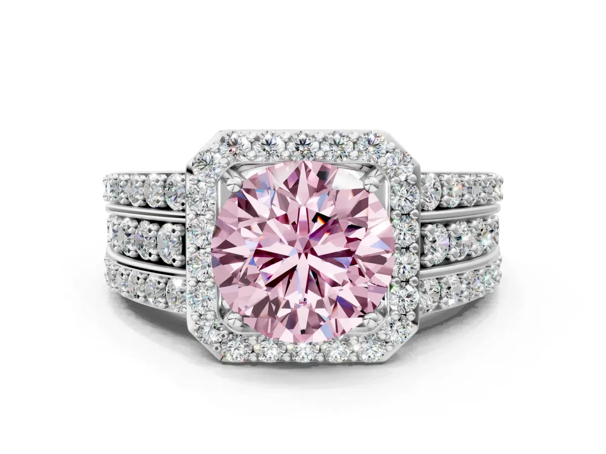 Fancy Pink Round Cut Halo Diamond Ring with Round Split Shank and Prong Setting Silver