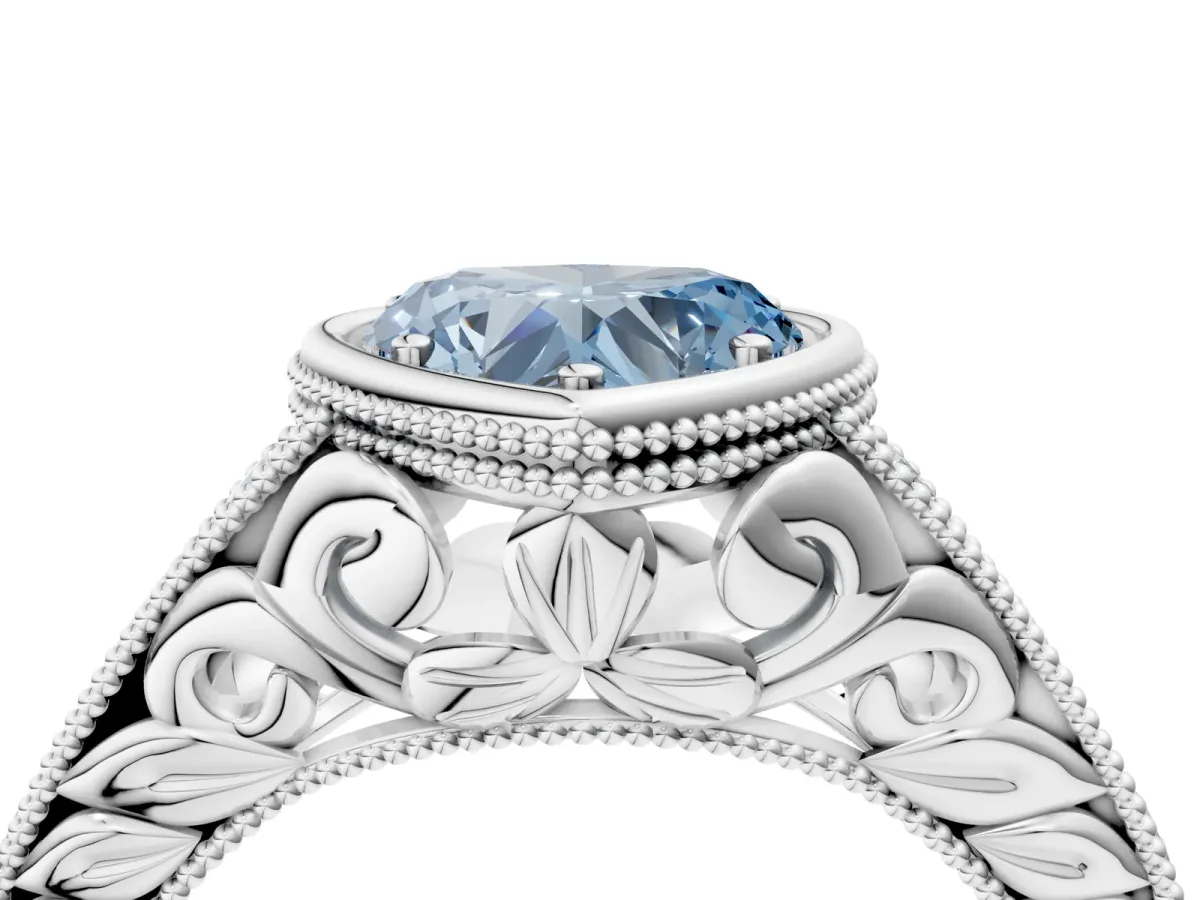 Fancy Blue Bezel Set Heart Cut Diamond Milgrain Pave Engagement Ring Platinum