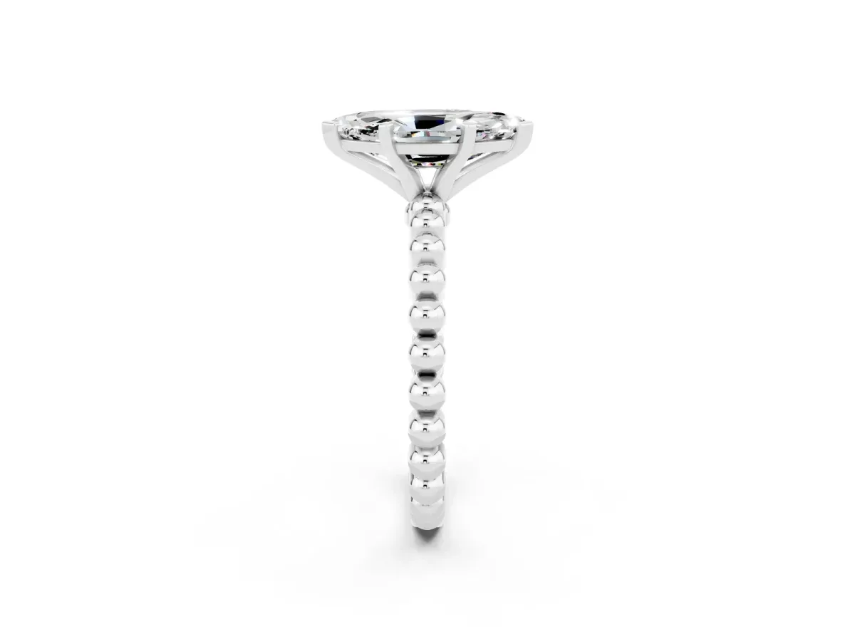 Marquise Cut Moissanite Solitaire Ring with Beaded Band and Prong Setting Silver