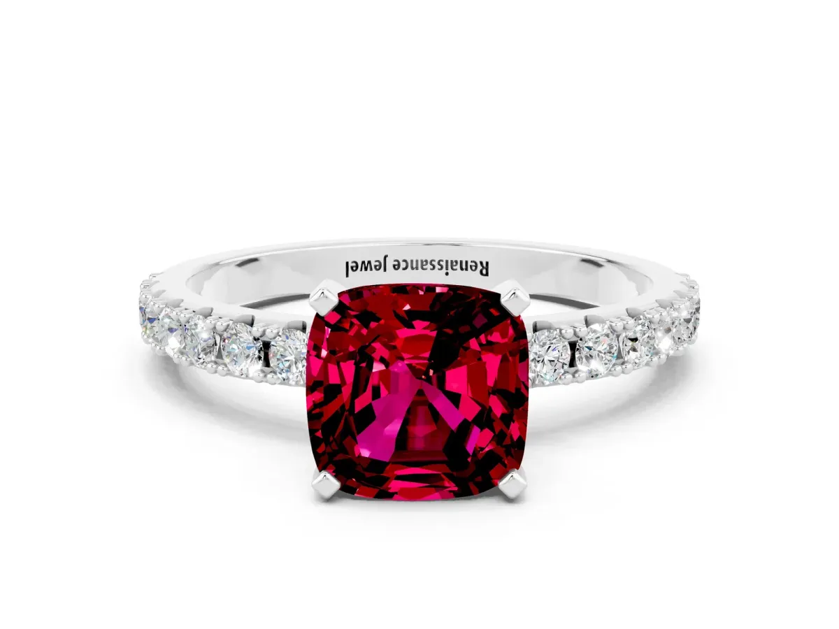 Cushion Cut Garnet Solitaire Pavé Band with Four-Prong Setting Platinum