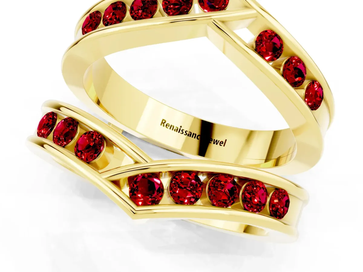 Round Ruby Channel-Set Chevron Band Yellow gold