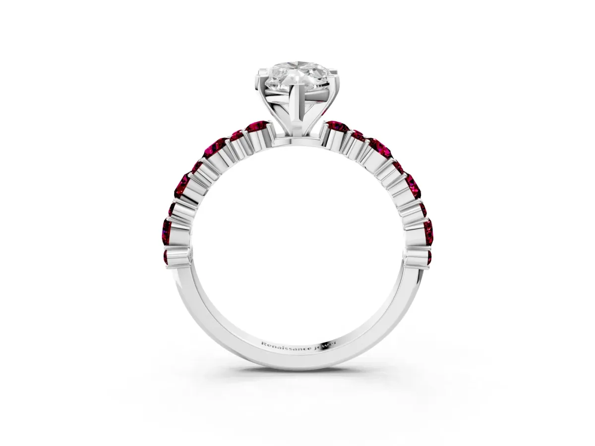 Marquise Cut Diamond Side Stone Solitaire Ring with Round Garnet and Four-Prong Setting Platinum