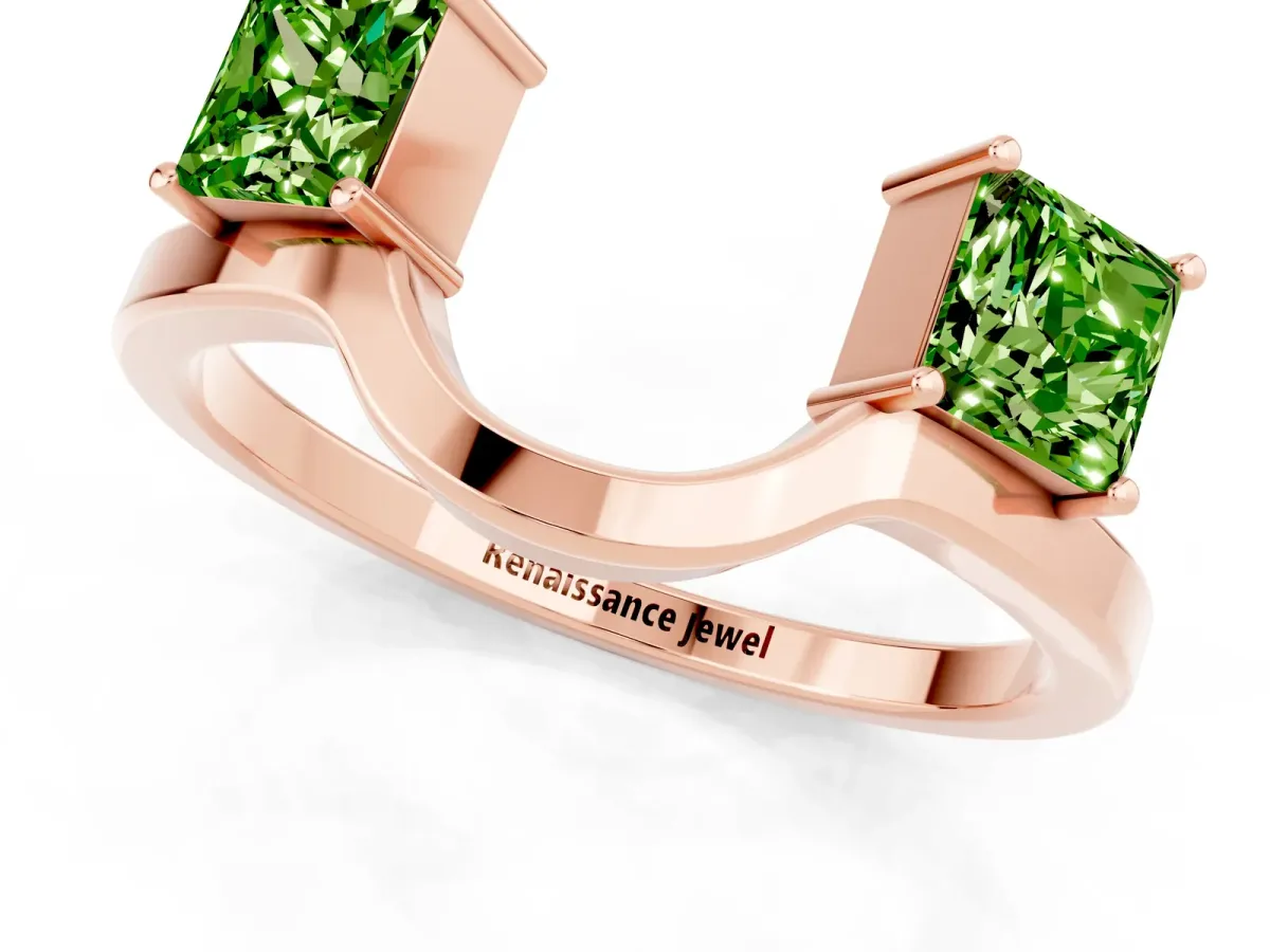 Princess Cut Peridot Two-Stone Open Band Ring with Four-Prong Setting Rose gold