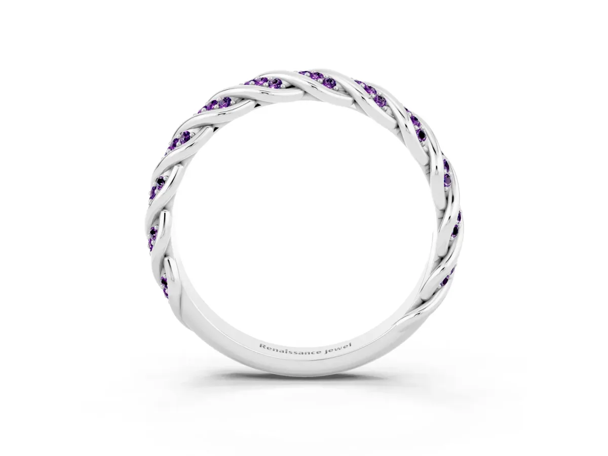 Twisted Pavé Round Amethyst Eternity Band with Shared Prong Setting White gold