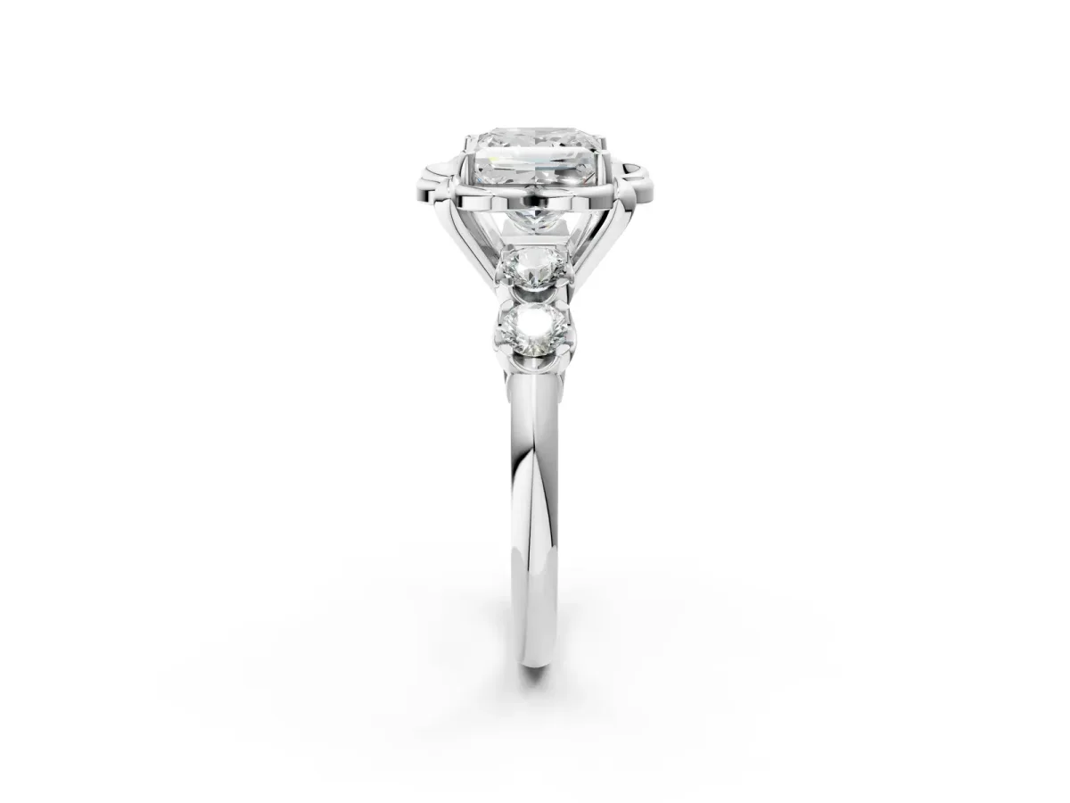 Princess Cut Cut Diamond Floral Halo Engagement Ring with Shared Prong Setting Silver