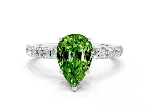 Pear Cut Peridot Pave Band Solitaire Ring with Round and Prong Setting White gold