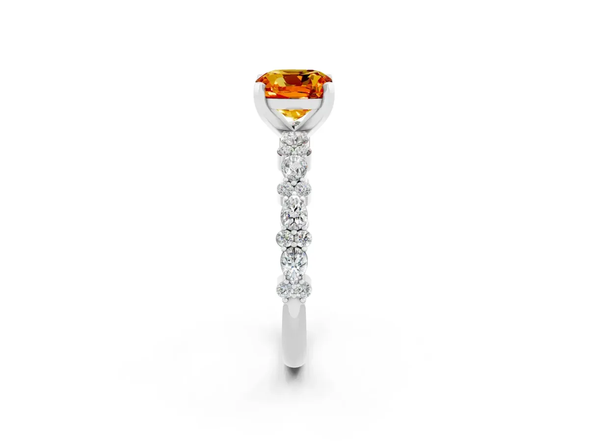 Cushion Cut Citrine Side Stone Solitaire Ring with Round and Four-Prong Setting Silver
