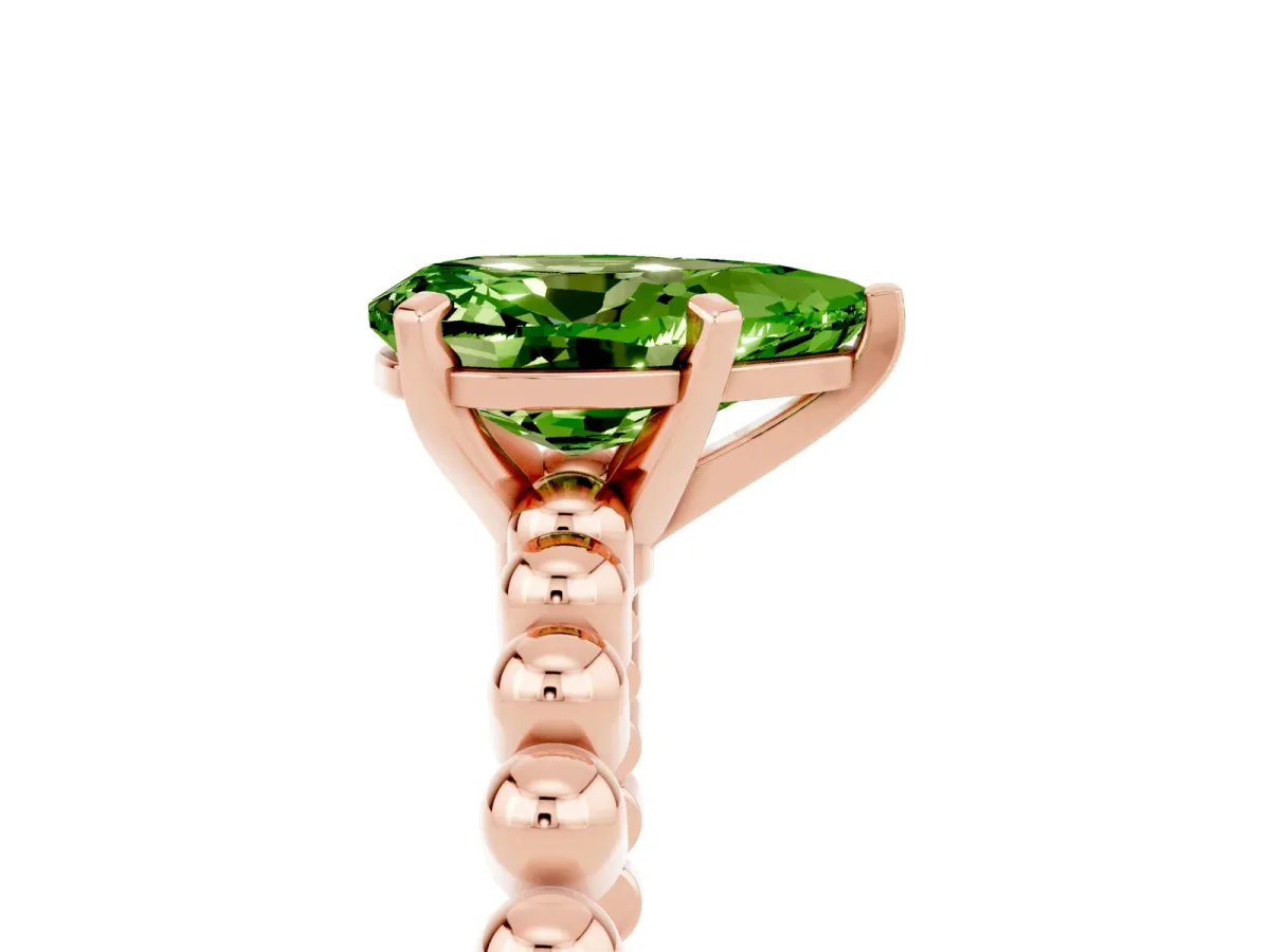 Pear Cut Peridot Solitaire Ring with Beaded Band and Prong Setting Rose gold