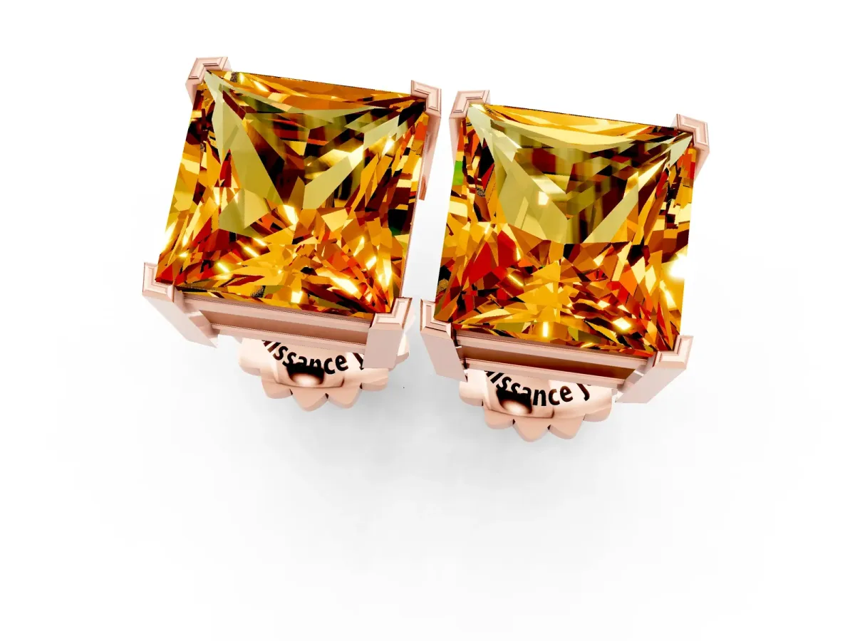 Princess Cut Citrine Stud Earrings Rose gold