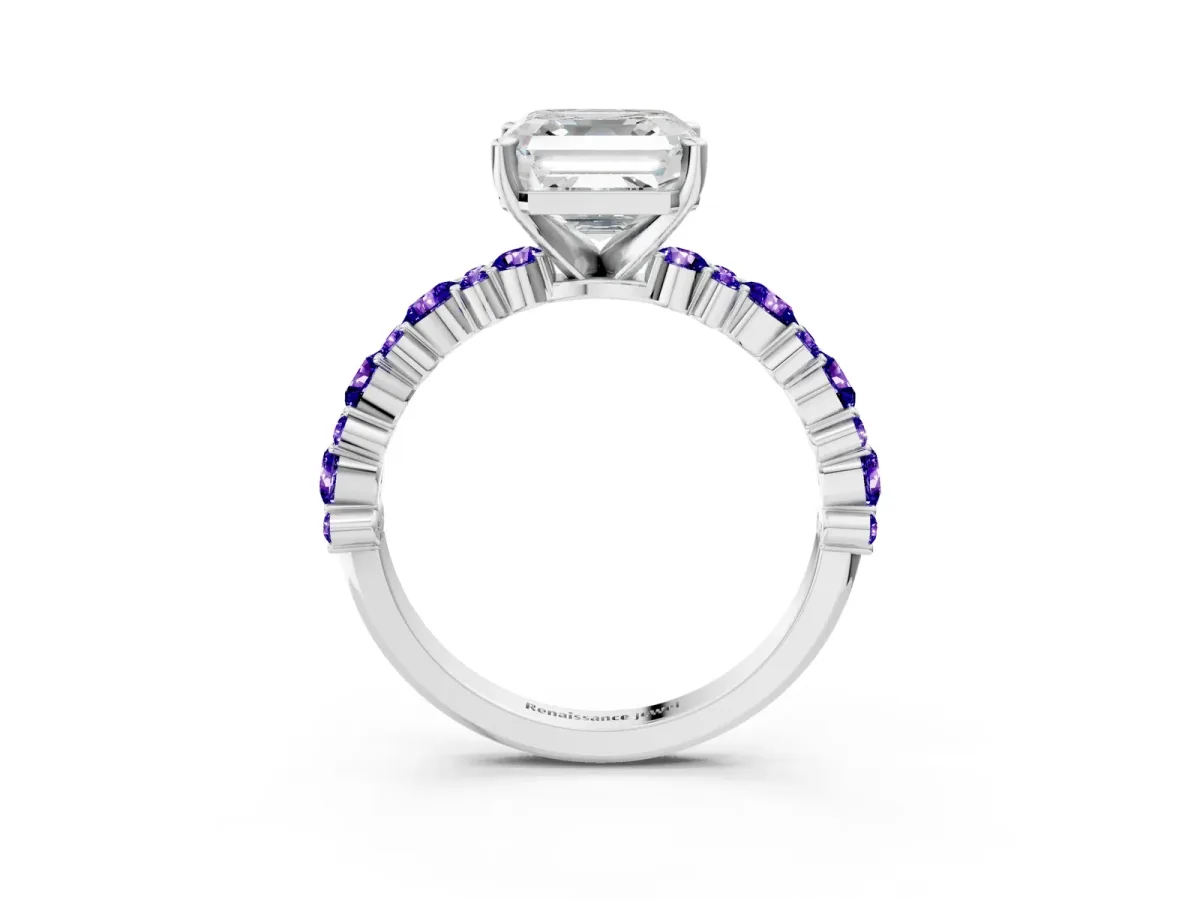 Asscher Cut Diamond Side Stone Solitaire Ring with Round Tanzanite and Four-Prong Setting Silver