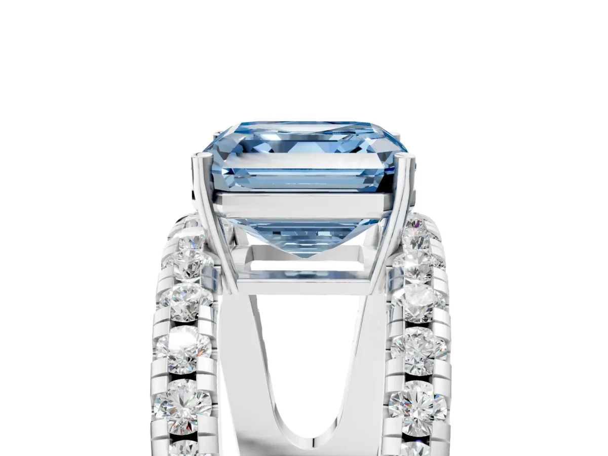 Fancy Blue Asscher Cut Solitaire Split Shank Pave Diamond Ring Platinum