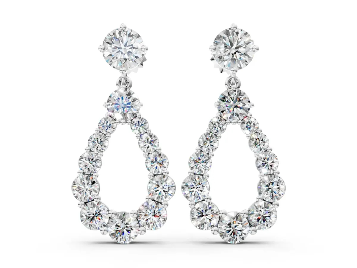 Round Cut Diamond Graduated Shared Prong Drop Earrings Silver