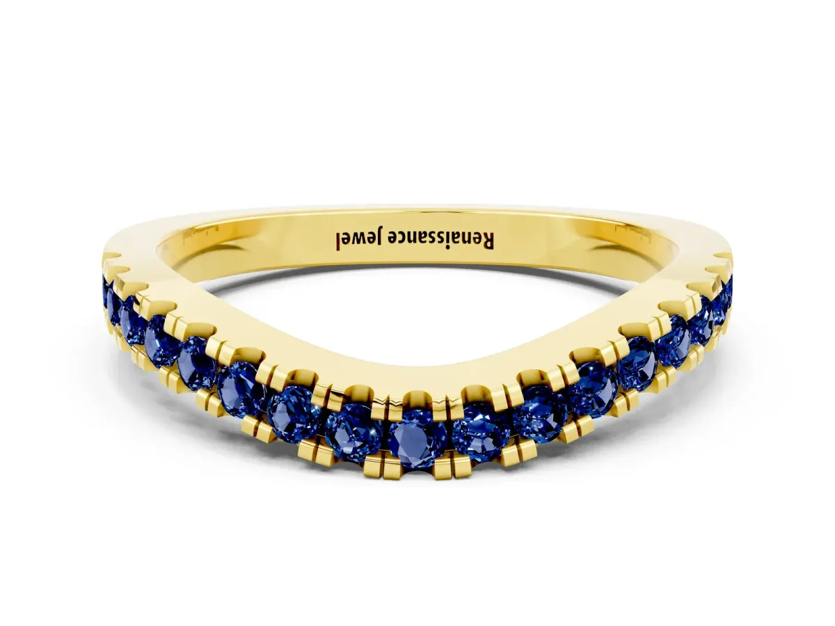 Round Blue Sapphire Pavé Curved Band with Shared Prong Setting Yellow gold
