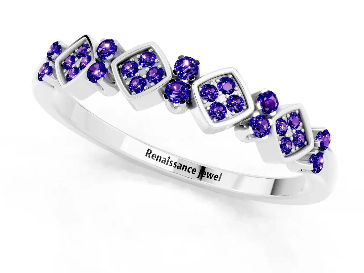 Pavé Cushion Tanzanite Cluster Eternity Band with Prong Setting Silver