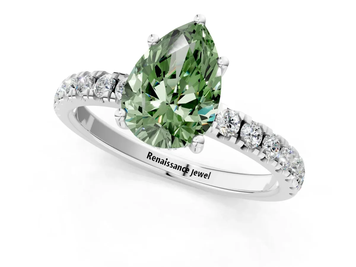 Fancy Green Pear Cut Diamond Pave Band Solitaire Ring with Round and Prong Setting Silver