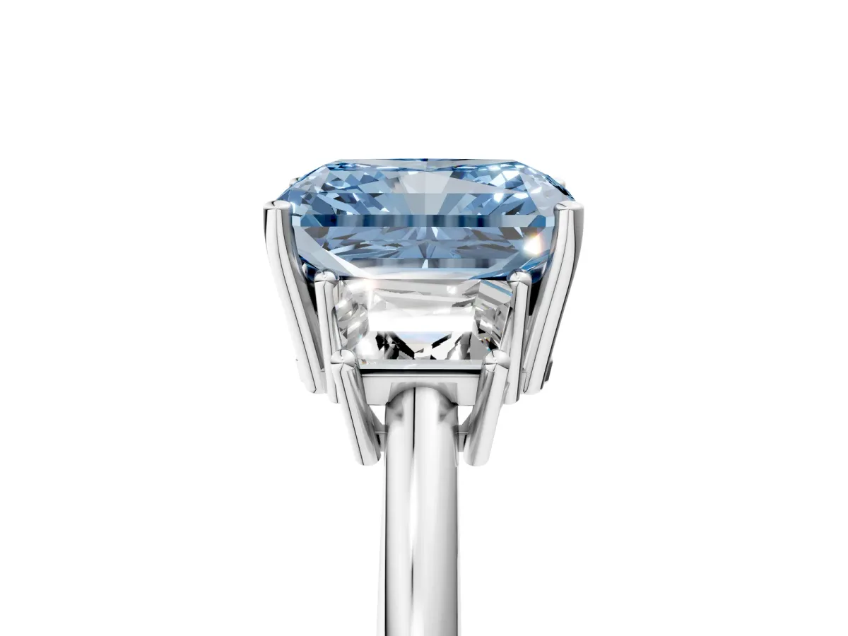 Fancy Blue Radiant Cut Diamond Three-Stone Ring with Trapezoid Side Stones and Prong Setting Silver