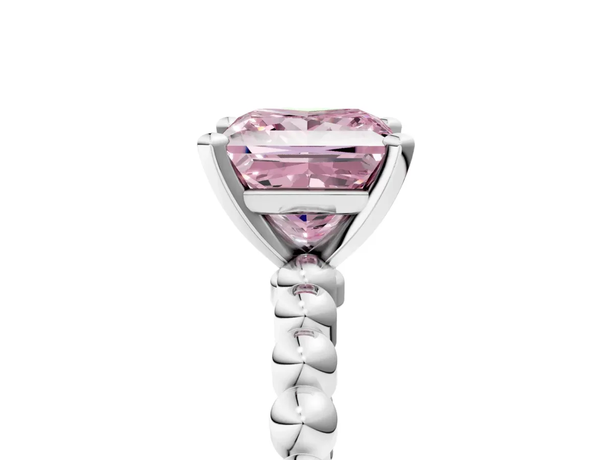 Fancy Pink Princess Cut Diamond Solitaire Ring with Beaded Band and Prong Setting Silver