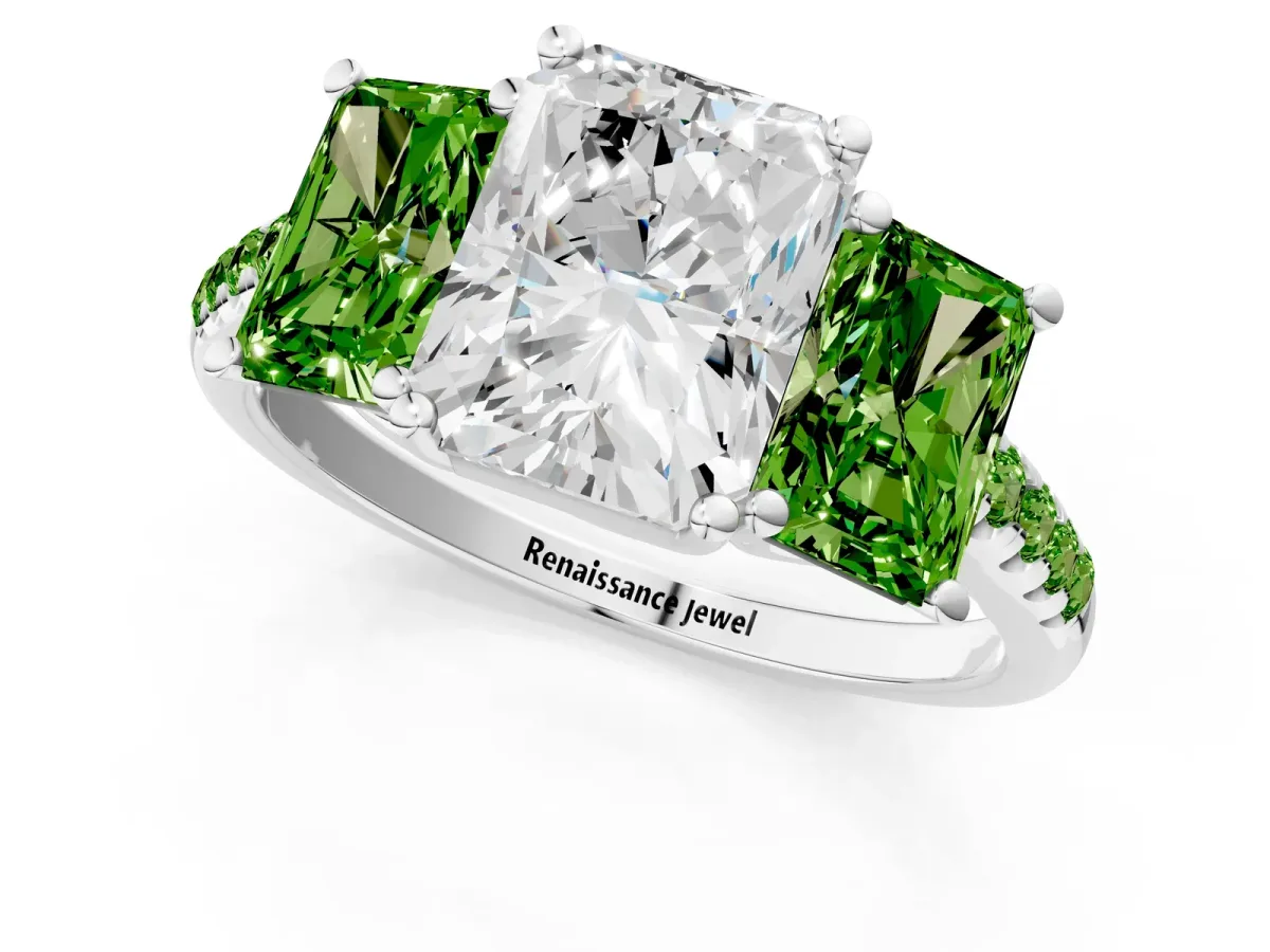 Three-Stone Radiant Cut Diamond Ring with Round Peridot Pavé Band and Prong Setting Silver