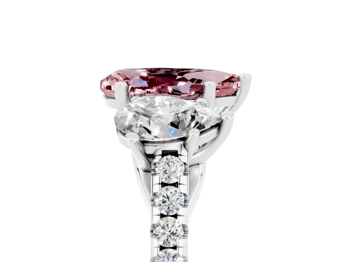 Three-Stone Pear Cut Morganite Ring with Round Pavé Band and Prong Setting Silver