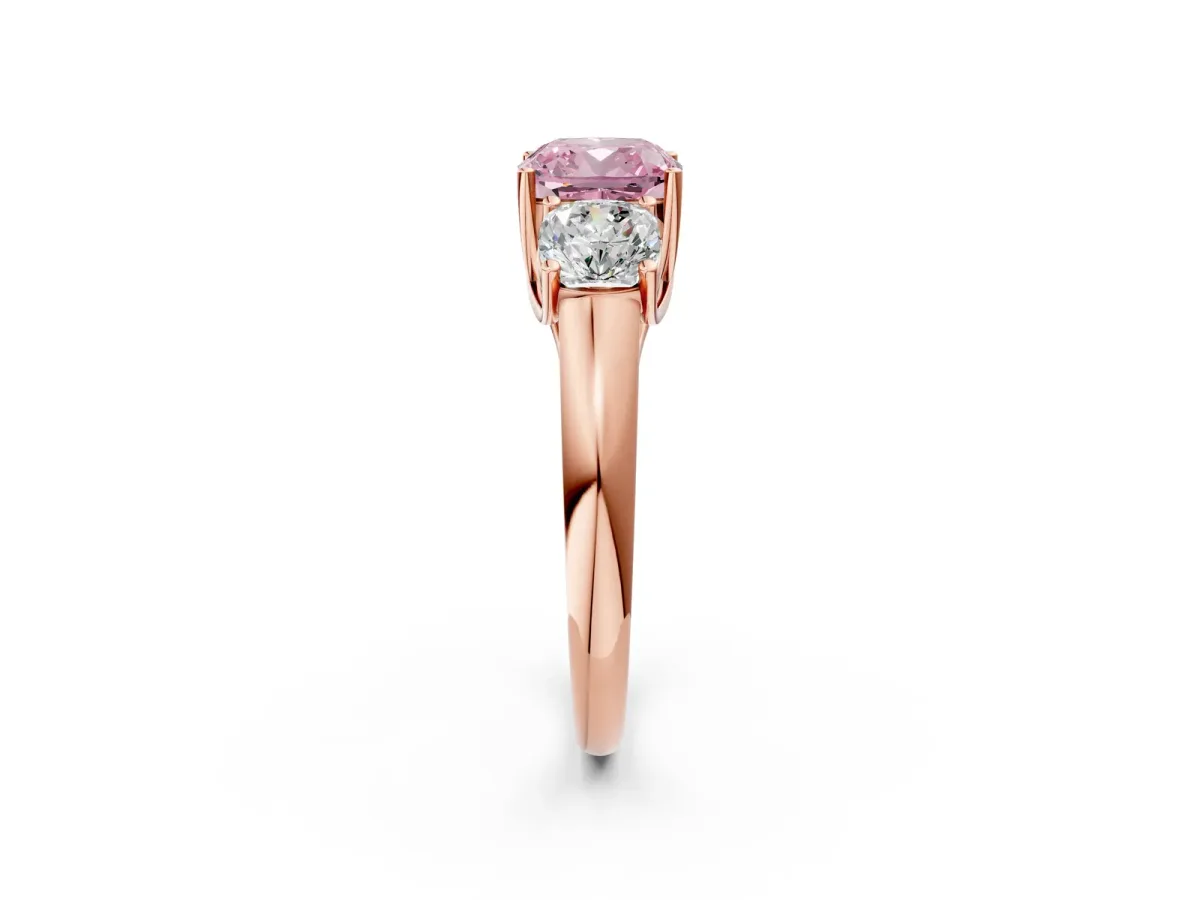 Fancy Pink Three-Stone Cushion Cut Diamond Engagement Ring with Prong Setting Rose gold