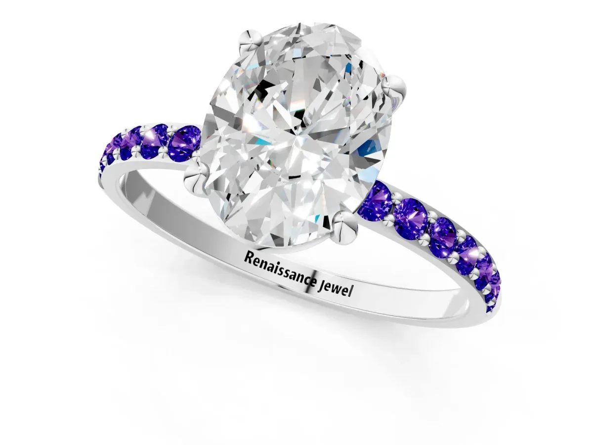 Oval Cut Diamond Solitaire Ring with Round Tanzanite Pavé Band and Prong Setting Silver