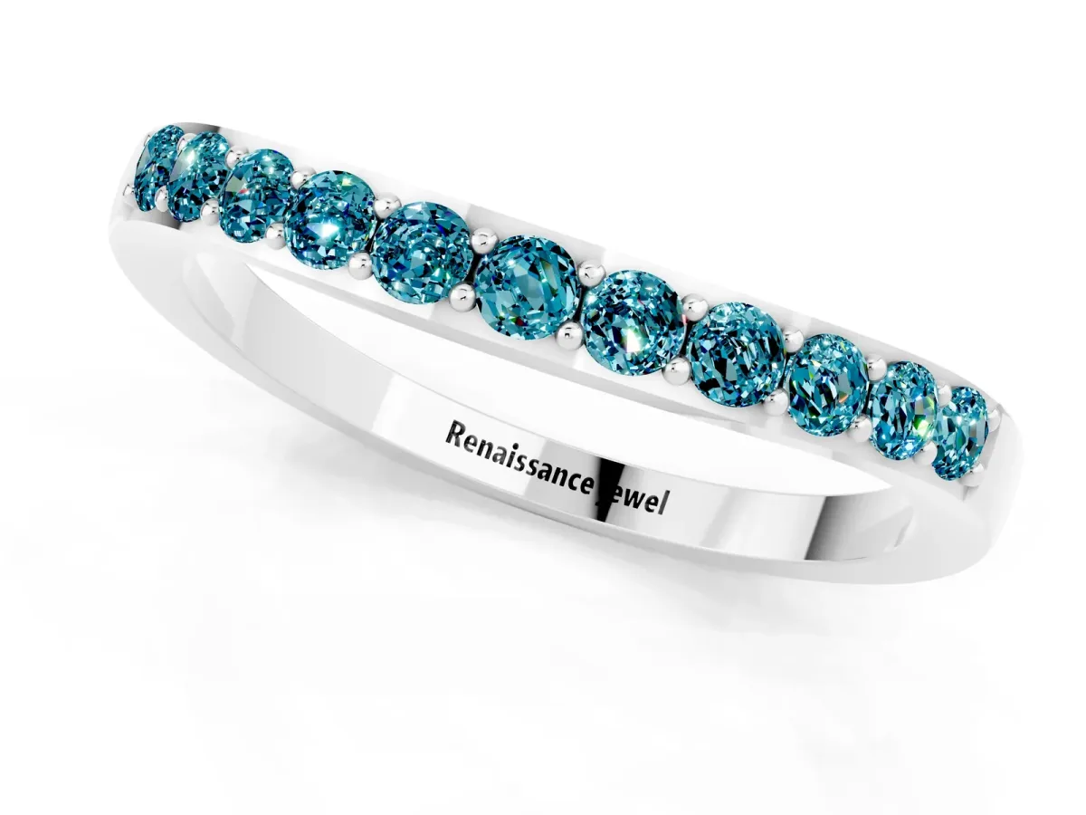 Round Blue Topaz Curved Wedding Band with Channel Setting White gold