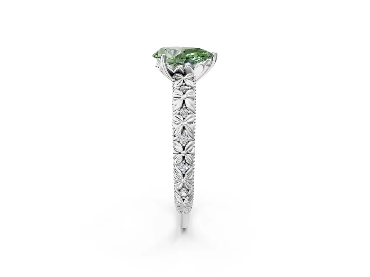 Fancy Green Pear Cut Solitaire Floral Milgrain Engagement Ring Silver