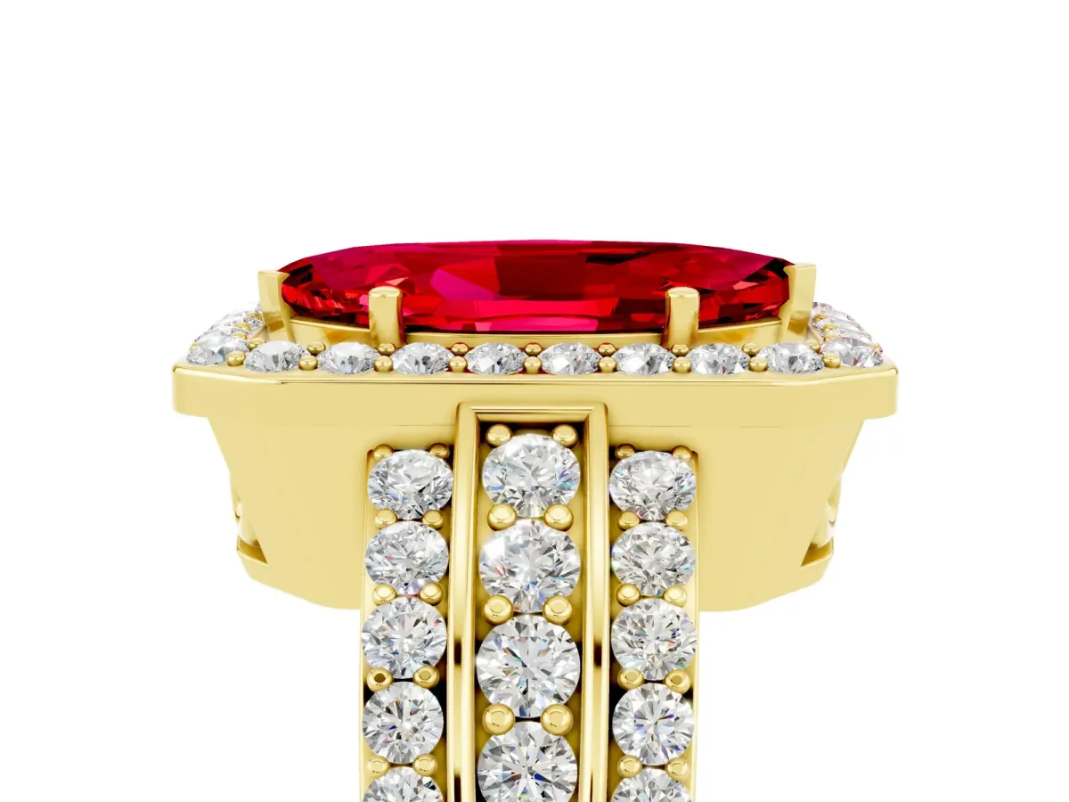 Marquise Cut Halo Ruby Ring with Round Split Shank and Prong Setting Yellow gold