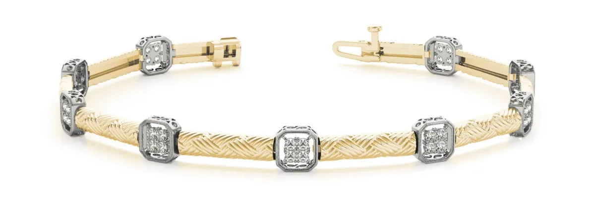 Pavé Square Diamond Cable Bracelet with Bezel Prong Setting Yellow gold